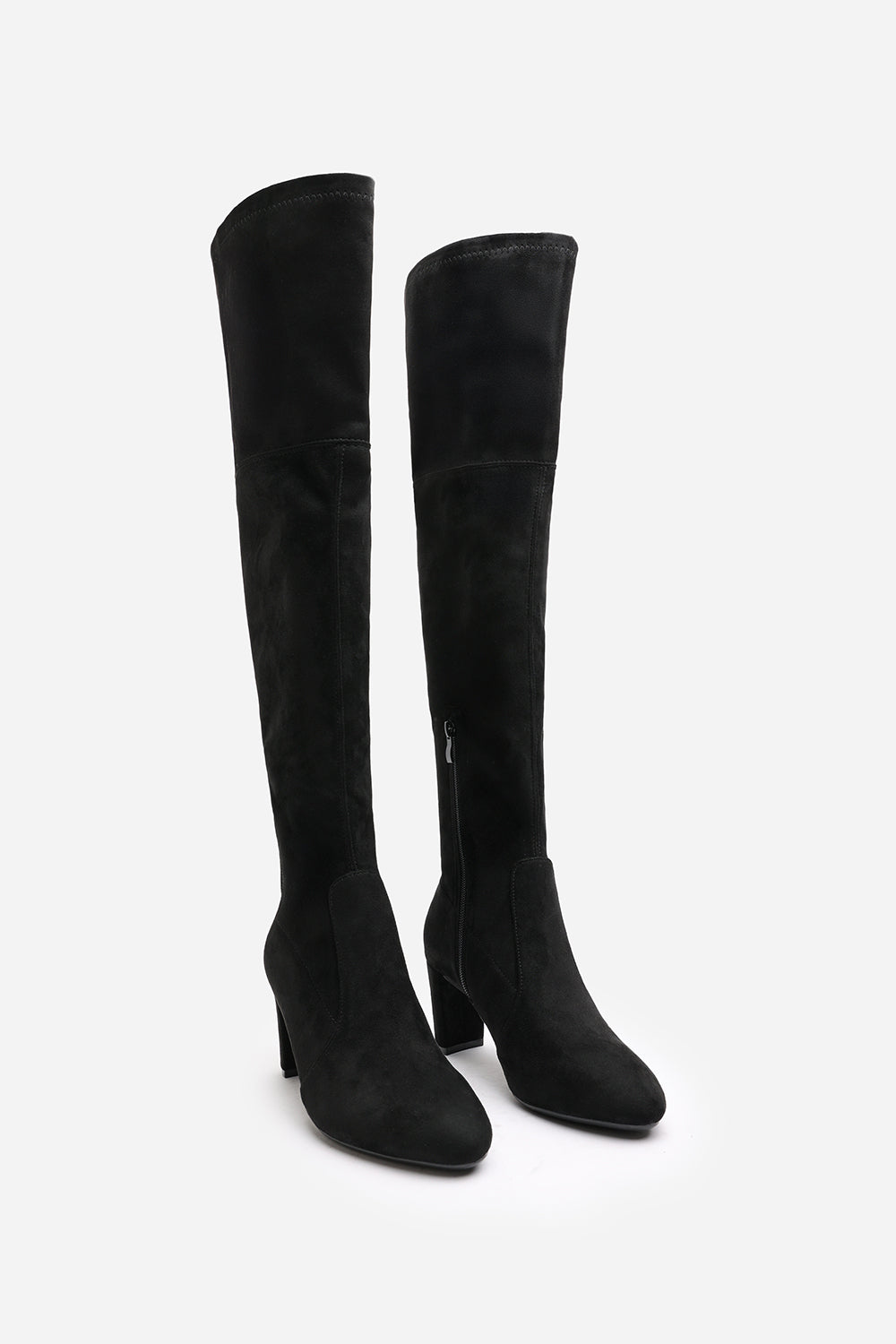 Felinia Black Suede Round Toe Block Heel Knee High Boots