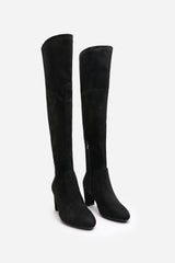 Felinia Black Suede Round Toe Block Heel Knee High Boots