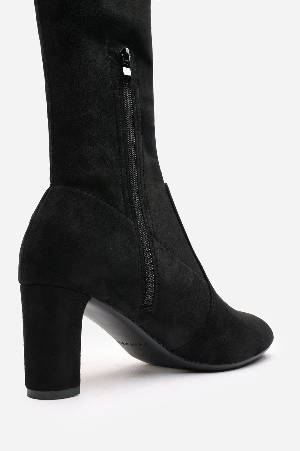 Felinia Black Suede Round Toe Block Heel Knee High Boots