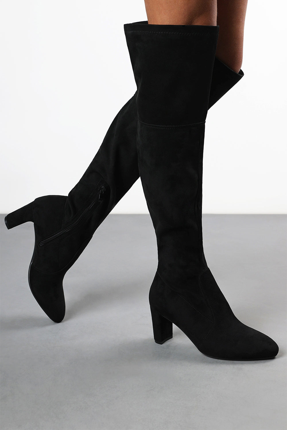 Felinia Black Suede Round Toe Block Heel Knee High Boots