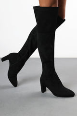 Felinia Black Suede Round Toe Block Heel Knee High Boots