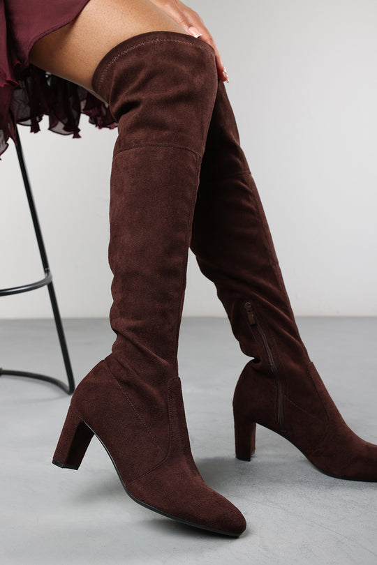 Winnie Dark Brown Suede Block Heel Over The Knee Boots
