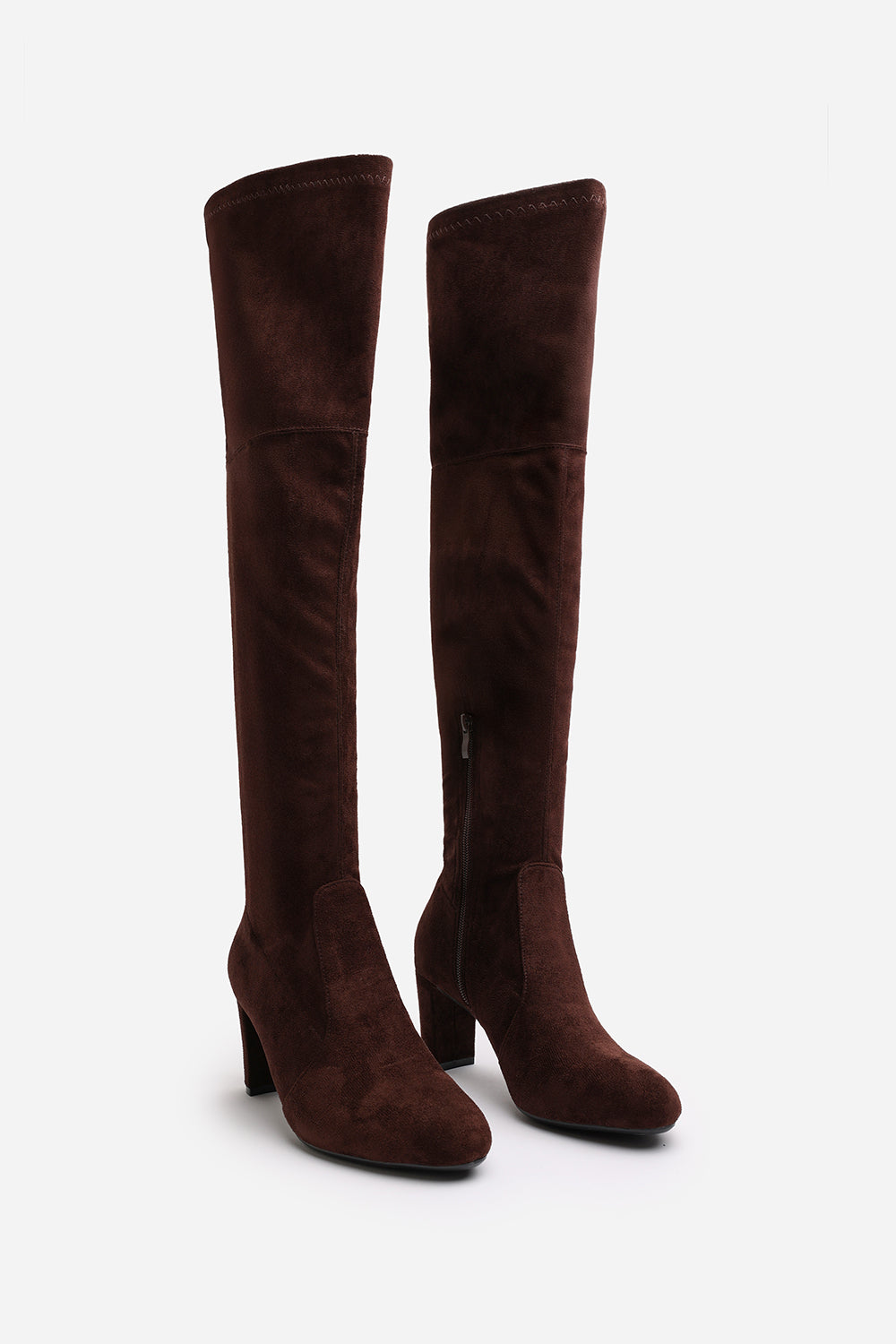 Felinia Brown Suede Round Toe Block Heel Knee High Boots