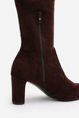 Felinia Brown Suede Round Toe Block Heel Knee High Boots