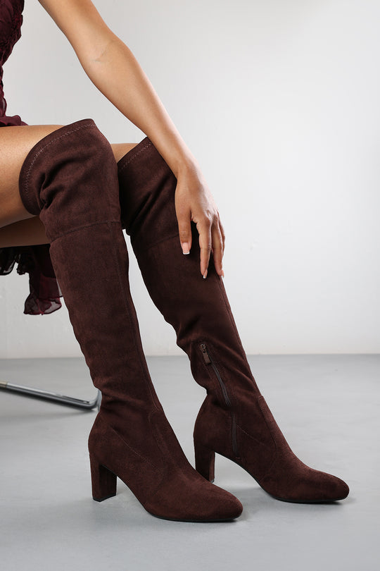 Felinia Brown Suede Round Toe Block Heel Knee High Boots