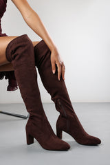 Felinia Brown Suede Round Toe Block Heel Knee High Boots