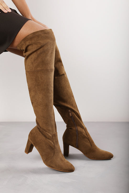 Winnie Khaki Suede Block Heel Over The Knee Boots