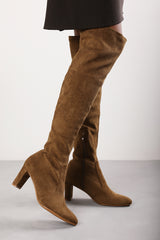 Winnie Khaki Suede Block Heel Over The Knee Boots