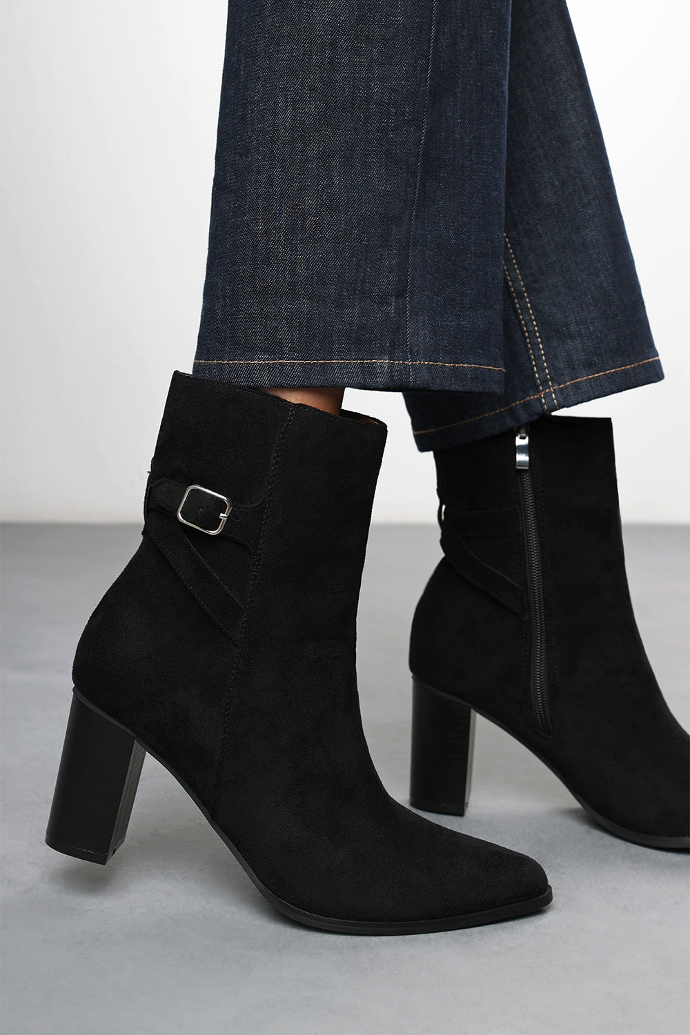 Greta Black Suede Mid Heel Ankle Boots with Side Buckle