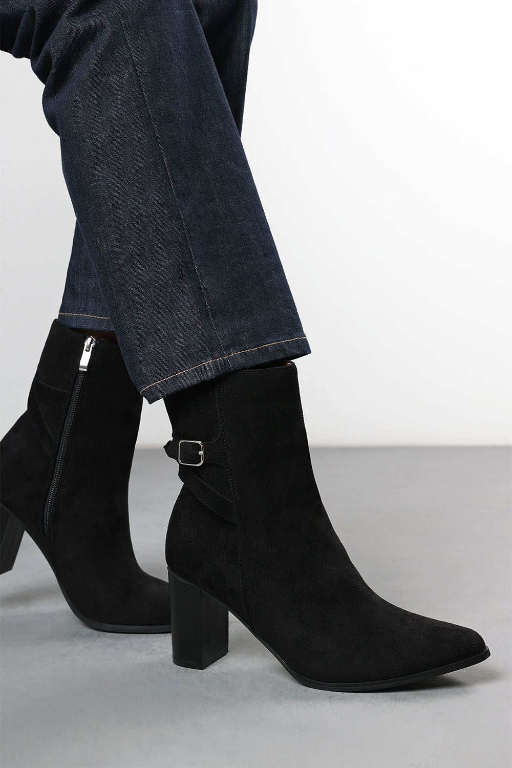 Greta Black Suede Mid Heel Ankle Boots with Side Buckle