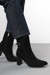 Greta Black Suede Mid Heel Ankle Boots with Side Buckle