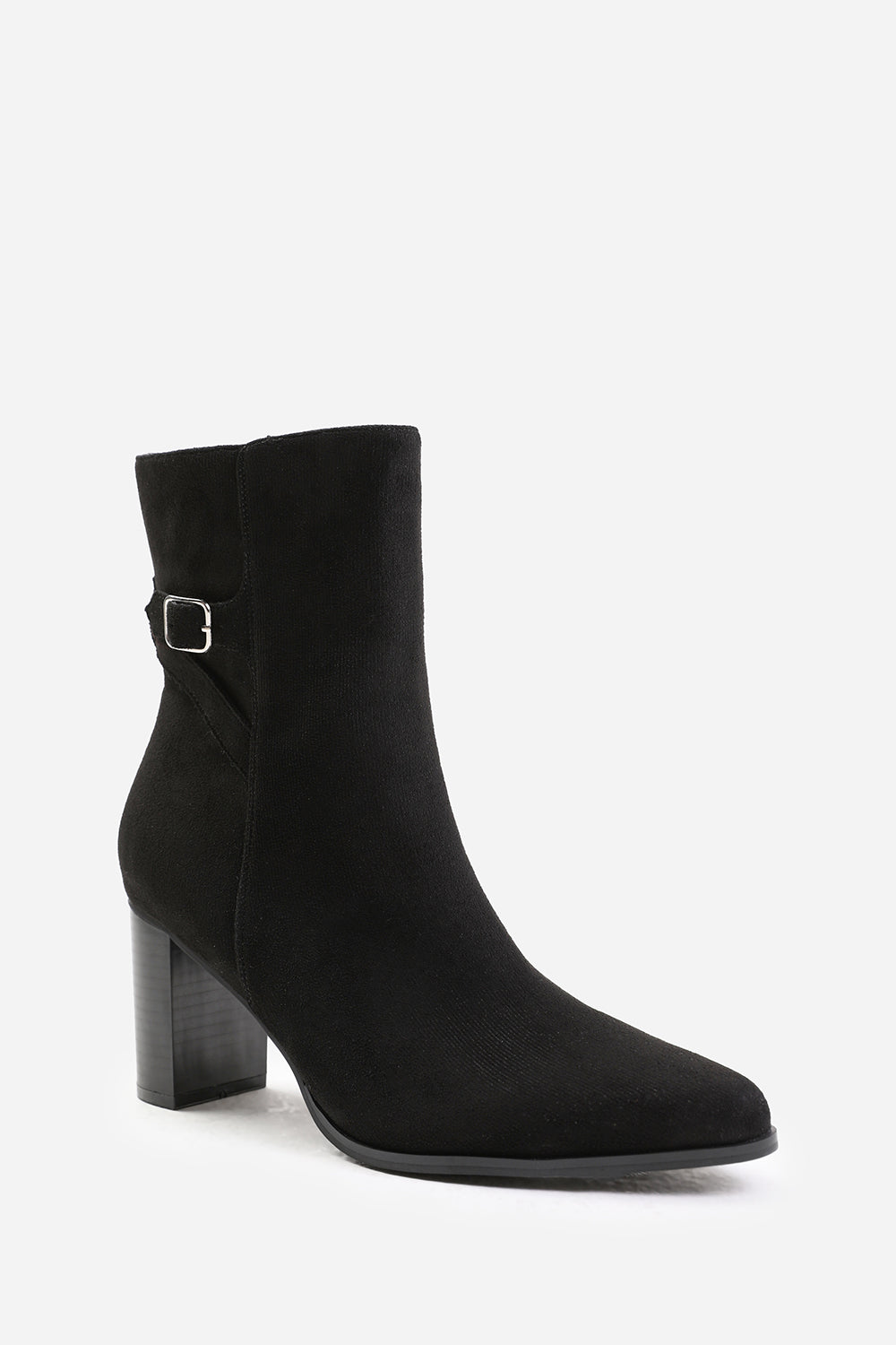 WINTER WIDE FIT BLOCK HEEL BOOT WITH BUCKLE DETAIL IN BLACK SUEDE