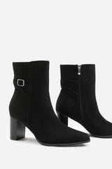 WINTER BLOCK HEEL BOOT WITH BUCKLE DETAIL IN BLACK SUEDE