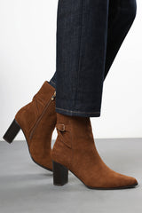 Greta Cognac Suede Mid Heel Ankle Boots with Side Buckle