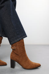 Greta Cognac Suede Mid Heel Ankle Boots with Side Buckle