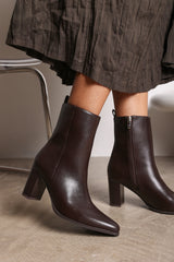 Yvonne Dark Brown Faux Leather Pointed Toe Ankle Boots With Block Heel
