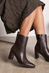 Yvonne Dark Brown Faux Leather Pointed Toe Ankle Boots With Block Heel