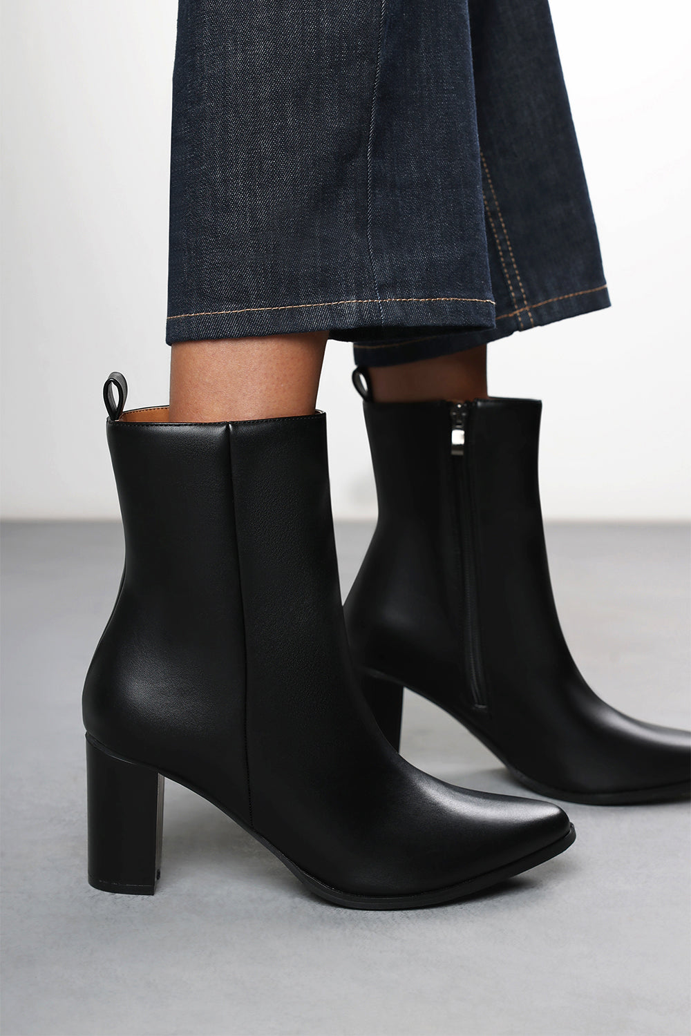 Yvonne Black Faux Leather Pointed Toe Ankle Boots With Block Heel