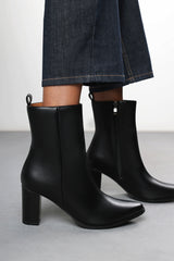 Yvonne Black Faux Leather Pointed Toe Ankle Boots With Block Heel