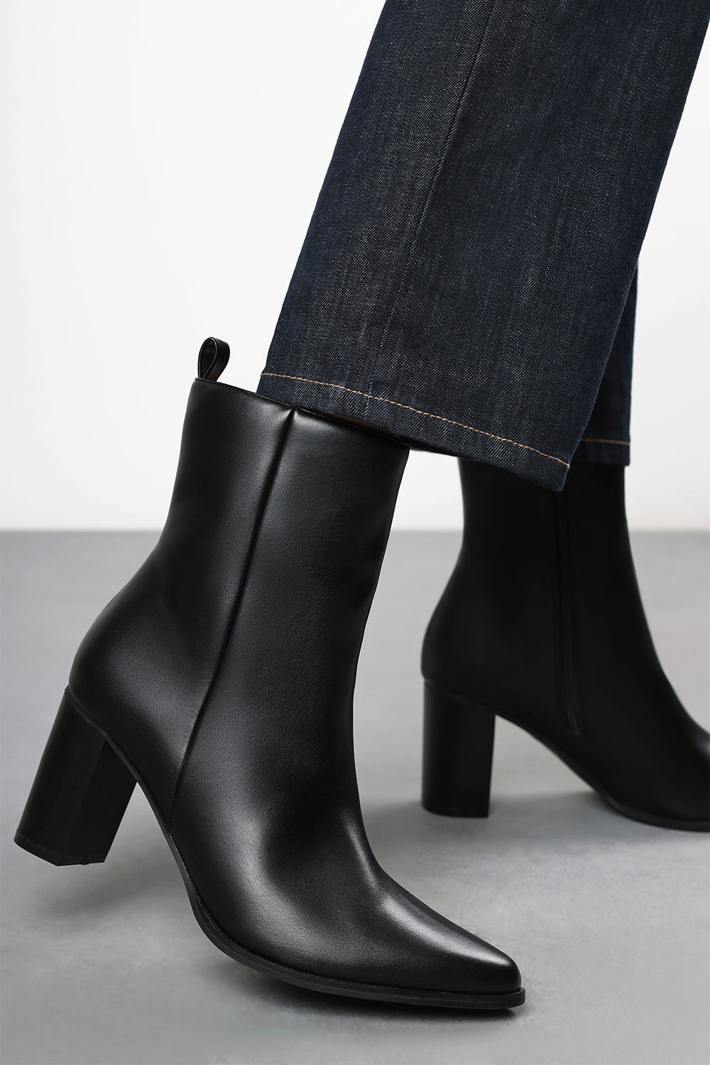 Yvonne Black Faux Leather Pointed Toe Ankle Boots With Block Heel