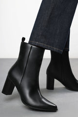 Yvonne Black Faux Leather Pointed Toe Ankle Boots With Block Heel
