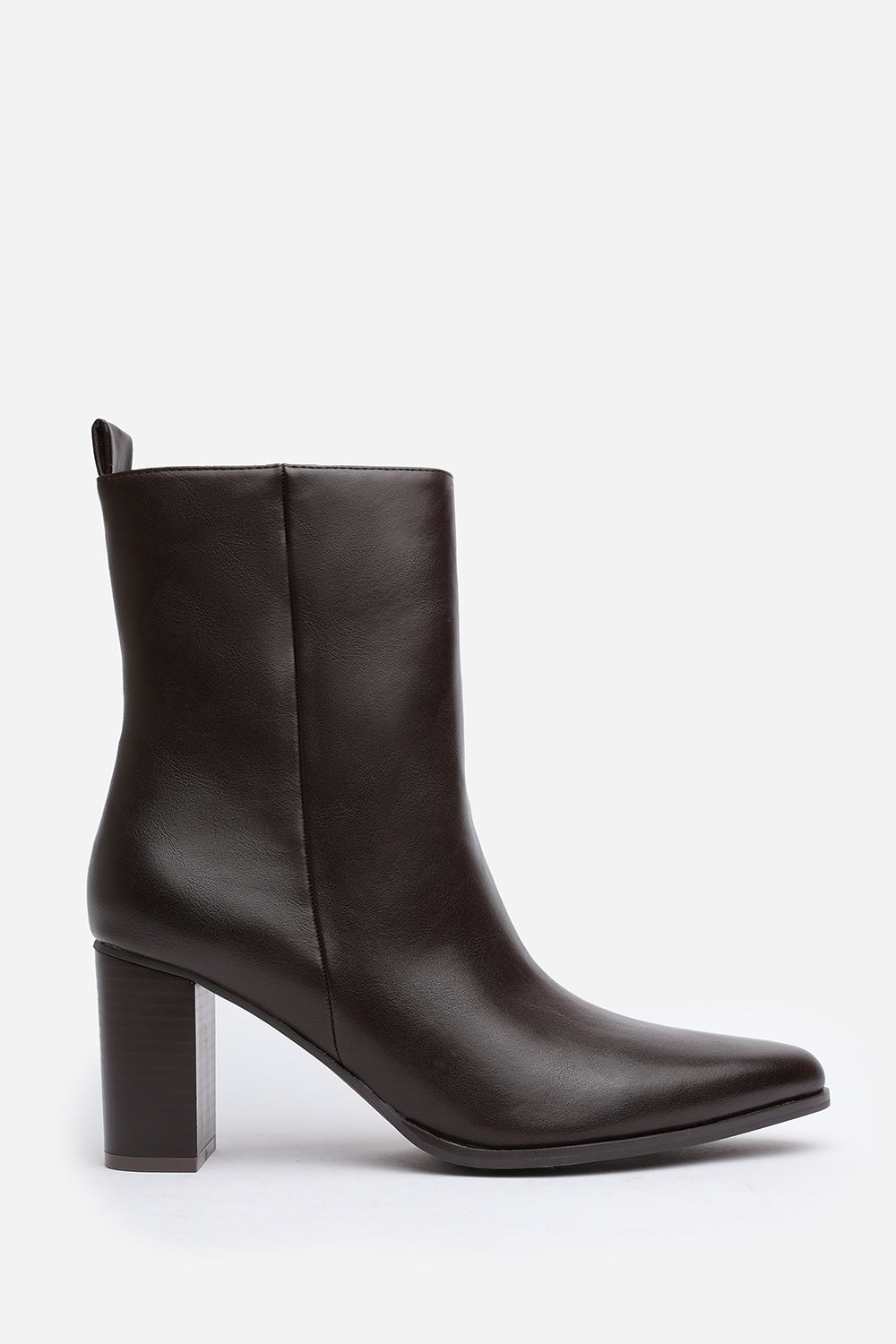 Yvonne Dark Brown Faux Leather Pointed Toe Ankle Boots With Block Heel