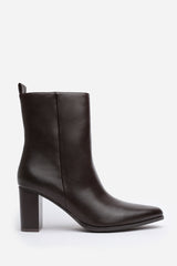 Yvonne Dark Brown Faux Leather Pointed Toe Ankle Boots With Block Heel