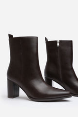 Yvonne Dark Brown Faux Leather Pointed Toe Ankle Boots With Block Heel
