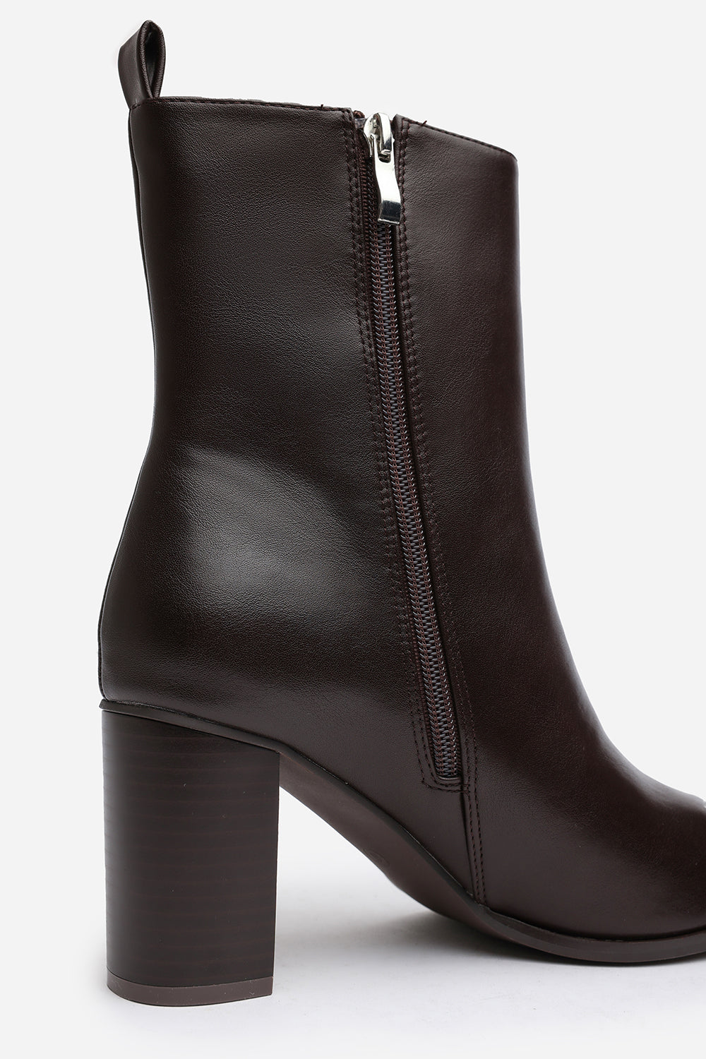 Yvonne Dark Brown Faux Leather Pointed Toe Ankle Boots With Block Heel