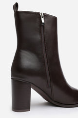 Yvonne Dark Brown Faux Leather Pointed Toe Ankle Boots With Block Heel