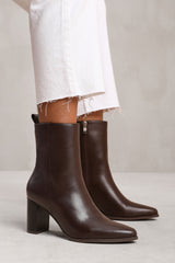 NORTH BLOCK HEEL ANKLE BOOT IN DARK BROWN FAUX LEATHER