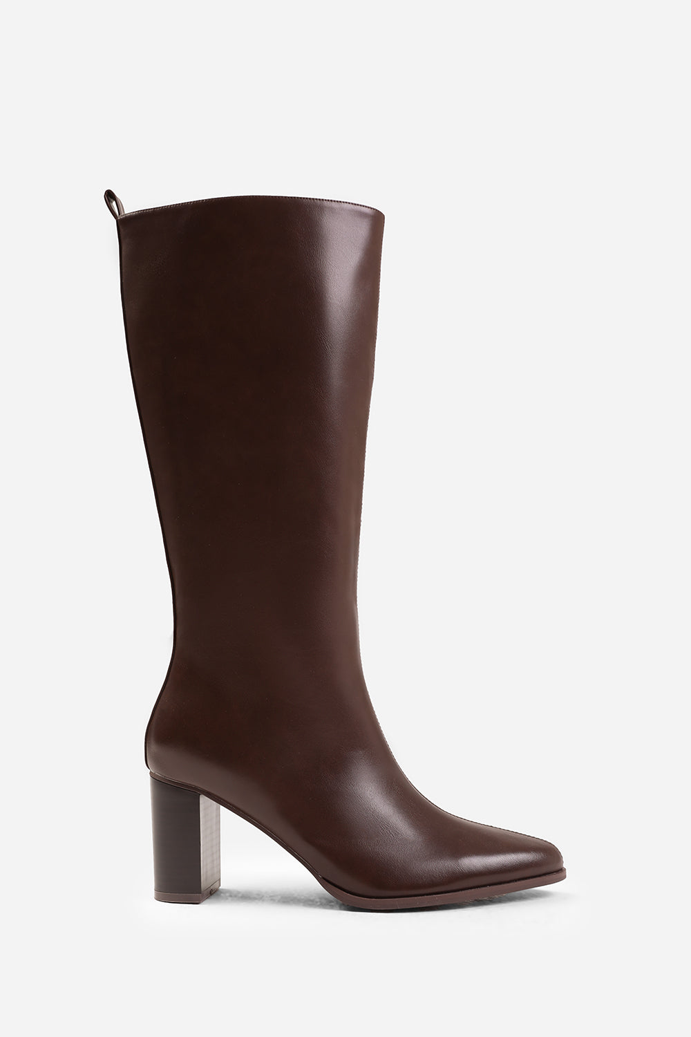 ELDER WIDE CALF BLOCK HEEL KNEE HIGH BOOTS WITH SIDE ZIP IN WIDE E FIT IN BROWN FAUX LEATHER