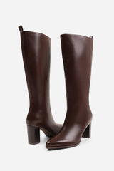 ELDER WIDE CALF BLOCK HEEL KNEE HIGH BOOTS WITH SIDE ZIP IN WIDE E FIT IN BROWN FAUX LEATHER