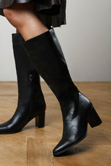 Kalyx Black Pointed Toe Knee High Block Heel Boots
