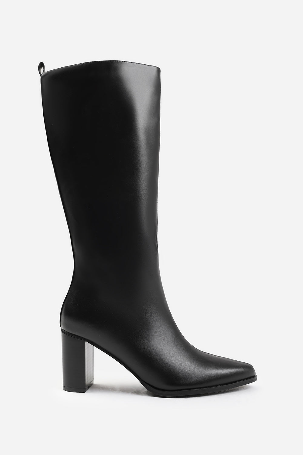 Macy Black Faux Leather Pointed Toe Knee High Block Boots