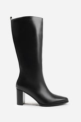 Macy Black Faux Leather Pointed Toe Knee High Block Boots