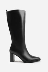 Kalyx Black Pointed Toe Knee High Block Heel Boots