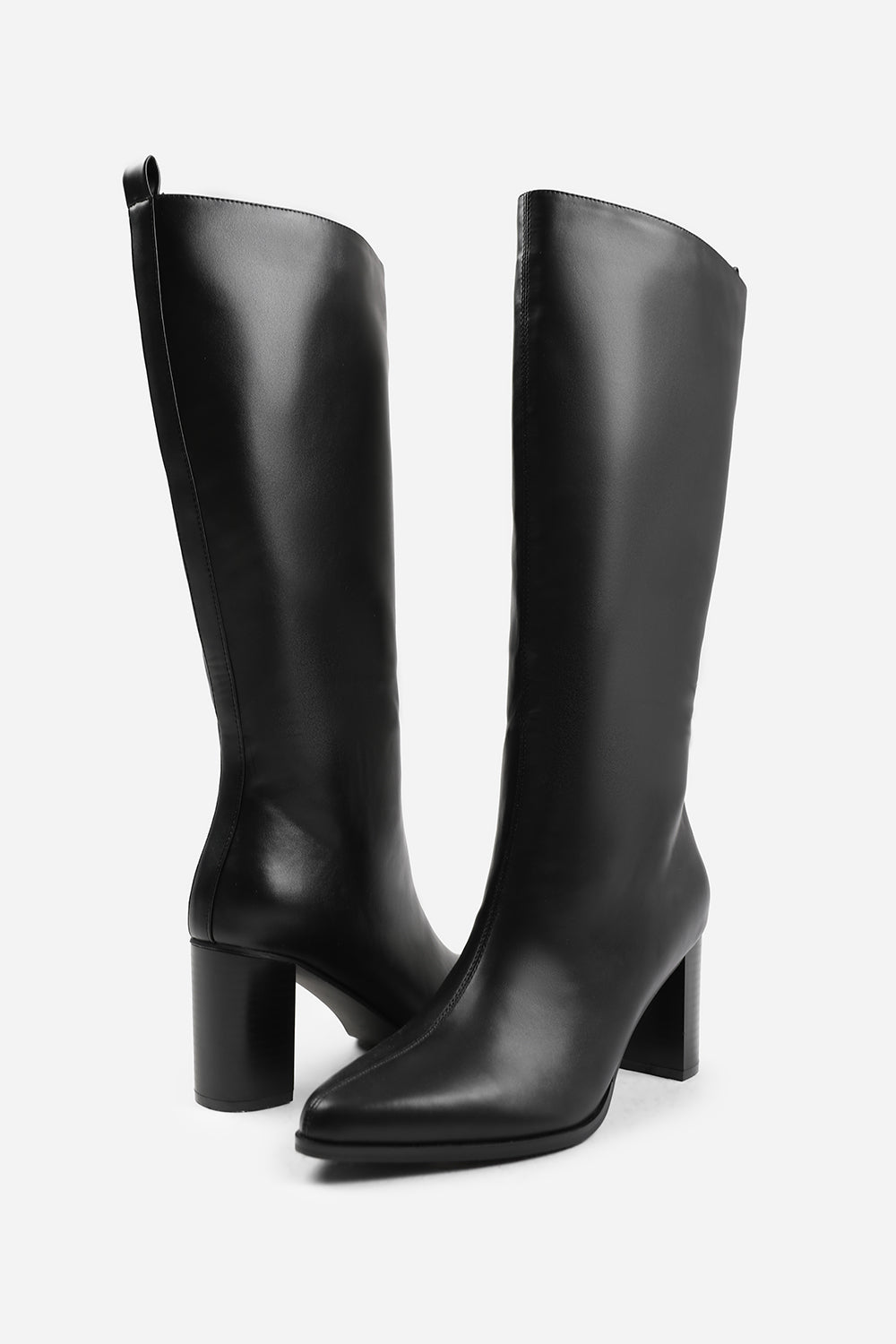 Macy Black Faux Leather Pointed Toe Knee High Block Boots
