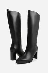 Kalyx Black Pointed Toe Knee High Block Heel Boots