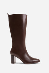 ELDER BLOCK HEEL KNEE HIGH BOOTS WITH SIDE ZIP IN DARK BROWN FAUX LEATHER