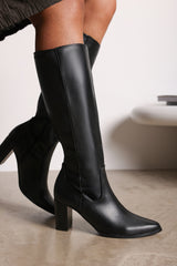 Veda Black Faux Leather Knee High Boots with Block Heel