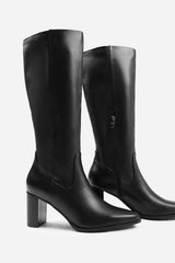 HAWTHORN STRETCH WIDE CALF BLOCK HEEL KNEE HIGH BOOTS WITH STITCH DETAIL IN WIDE E FIT IN BLACK FAUX LEATHER