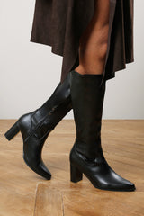 Kirelle Black Knee High Pointed Toe Block Heeled Boots
