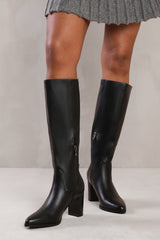 HAWTHORN BLOCK HEEL KNEE HIGH BOOTS WITH STITCH DETAIL IN BLACK FAUX LEATHER