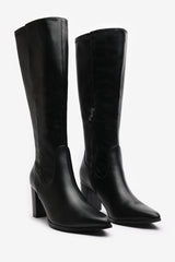 Kirelle Black Knee High Pointed Toe Block Heeled Boots