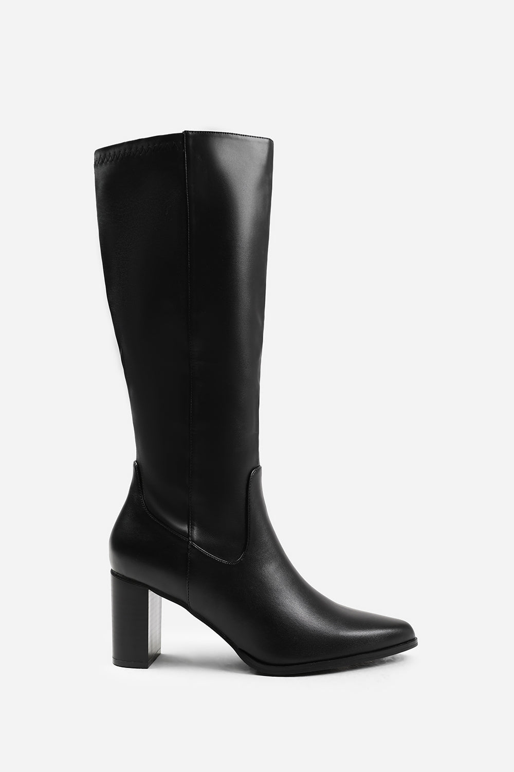 Veda Black Faux Leather Knee High Boots with Block Heel