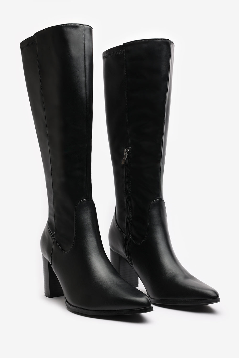 Veda Black Faux Leather Knee High Boots with Block Heel
