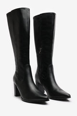 Veda Black Faux Leather Knee High Boots with Block Heel
