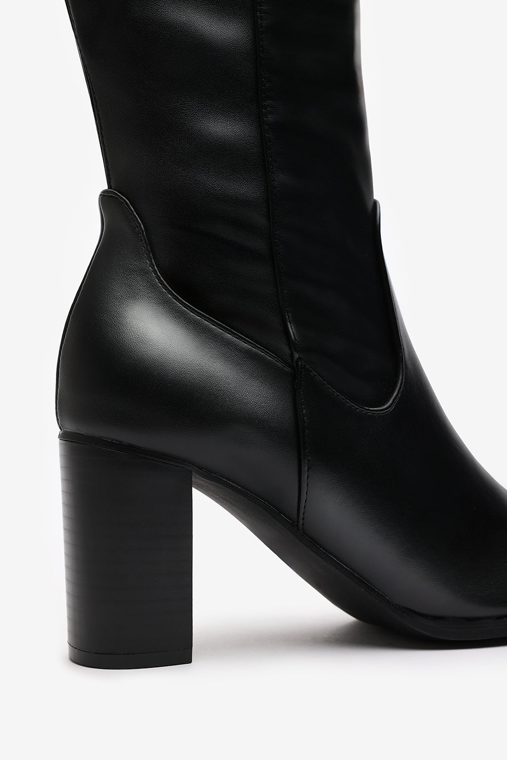 Veda Black Faux Leather Knee High Boots with Block Heel