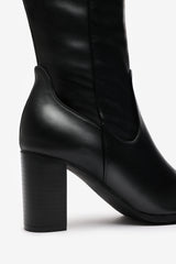 Veda Black Faux Leather Knee High Boots with Block Heel